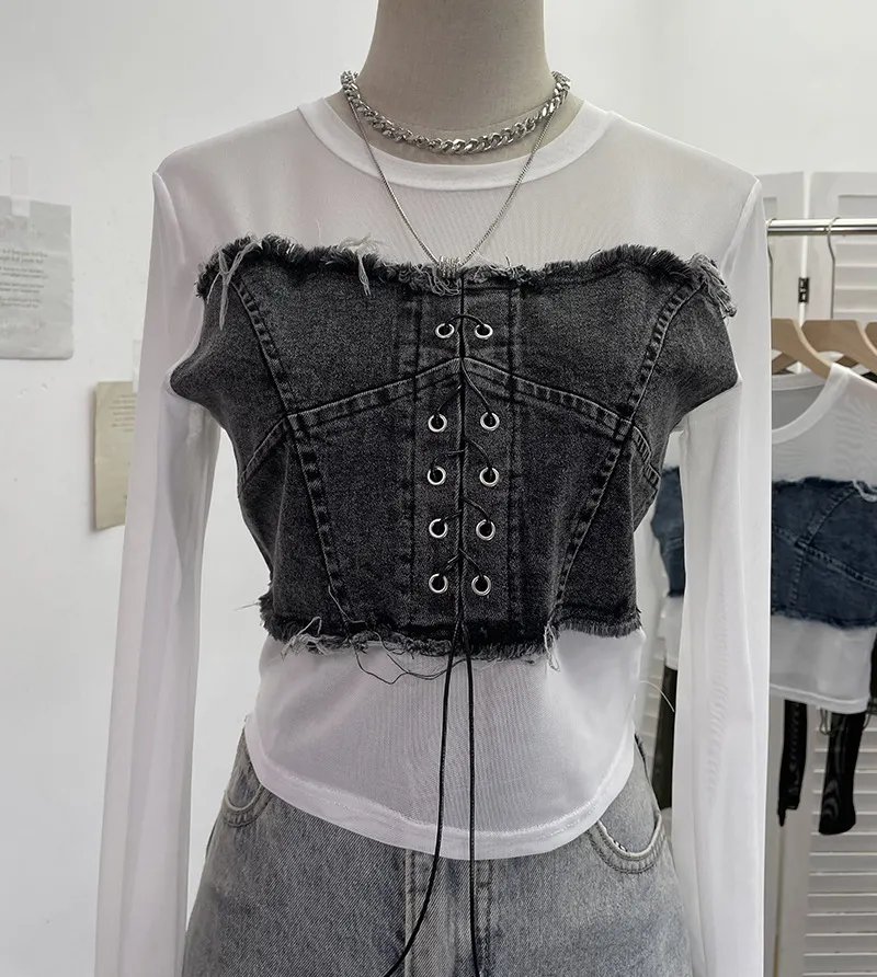 Churchf Vintage Babes Cowboy Spliced Tiring Strapped With Long Sleeves Short Mesh T-Shirt 2639