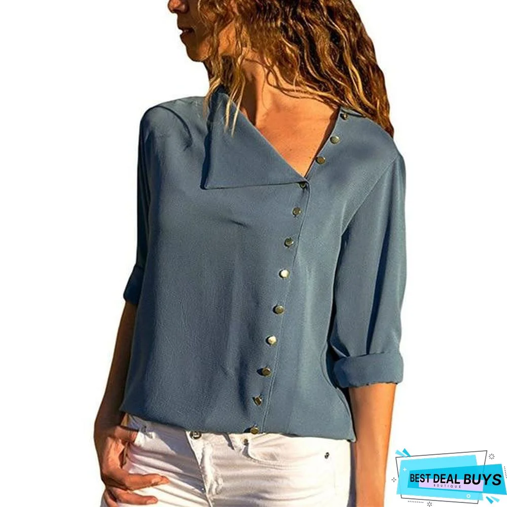 Women Chiffon Blouse Long Sleeve Skew Collar Solid Casual Tops Blouse