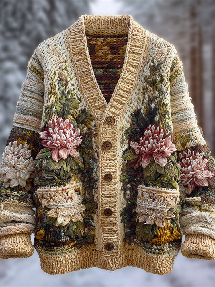 Vintage Japanese Chrysanthemum Art Men's Knit Cardigan  artssus