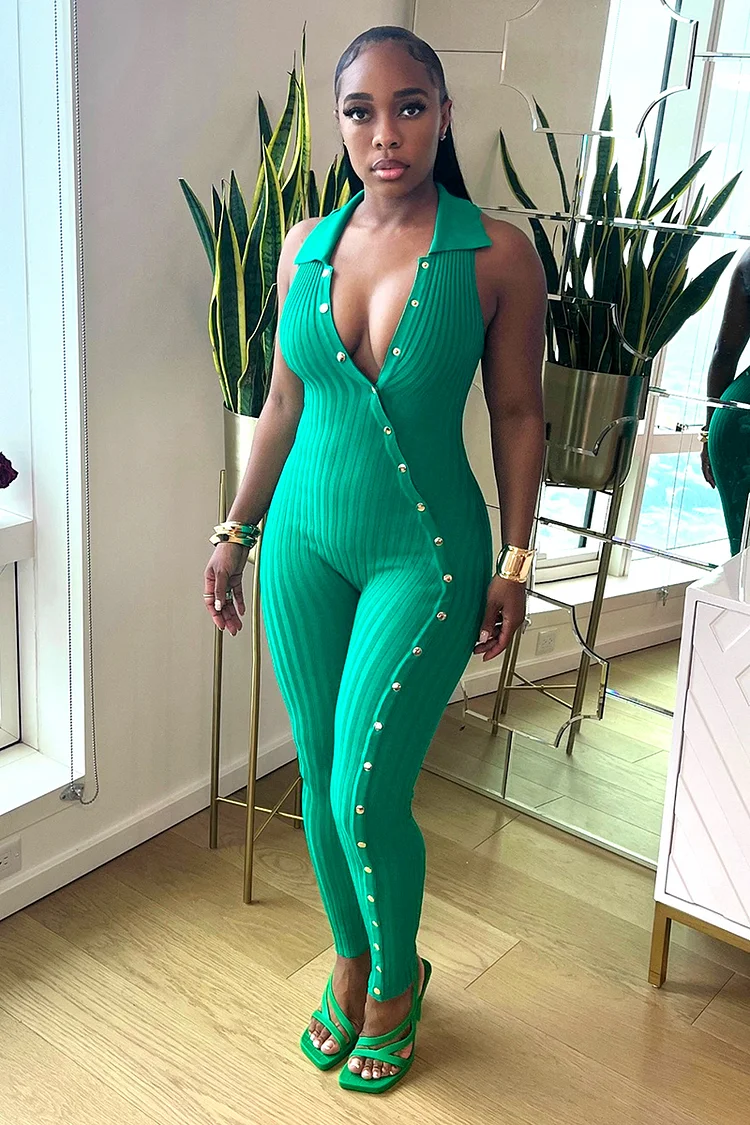 V Neck Button Sleeveless Ribbed Knit Bodycon Jumpsuit-Green [Pre Order]