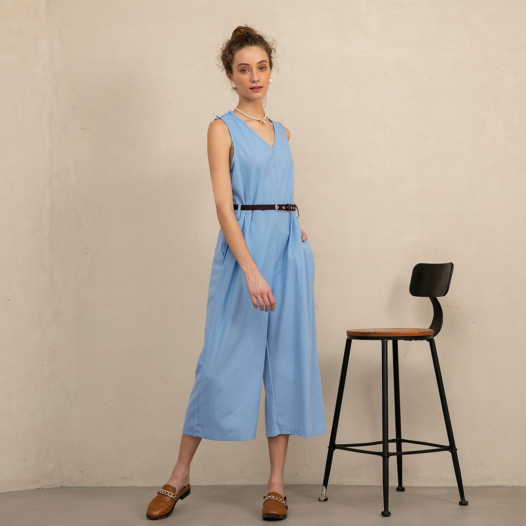 Women's Sleeveless V-Neck Cotton Linen Jumpsuit