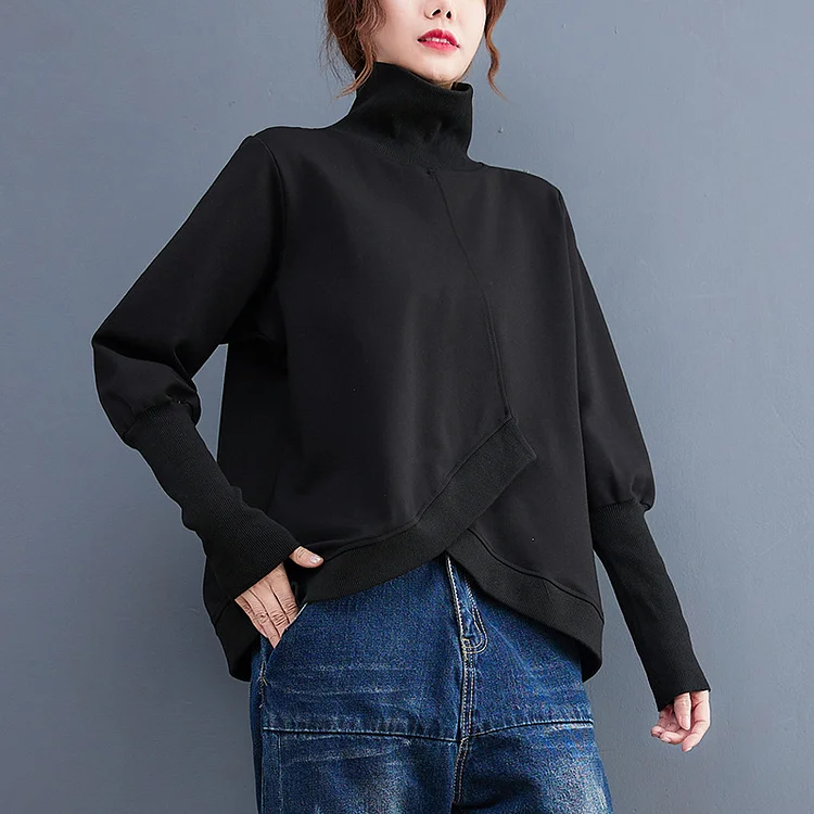 Loose Solid Color Splicing Turtleneck Sweatshirt - yankia