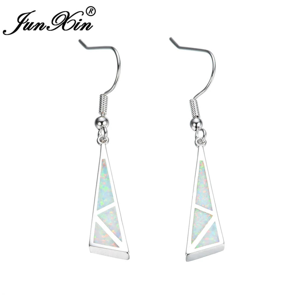 JUNXIN Women Geometric Dangle Earring Fashion White Fire Opal Earrings Silver Color Long Drop Earrings For Women