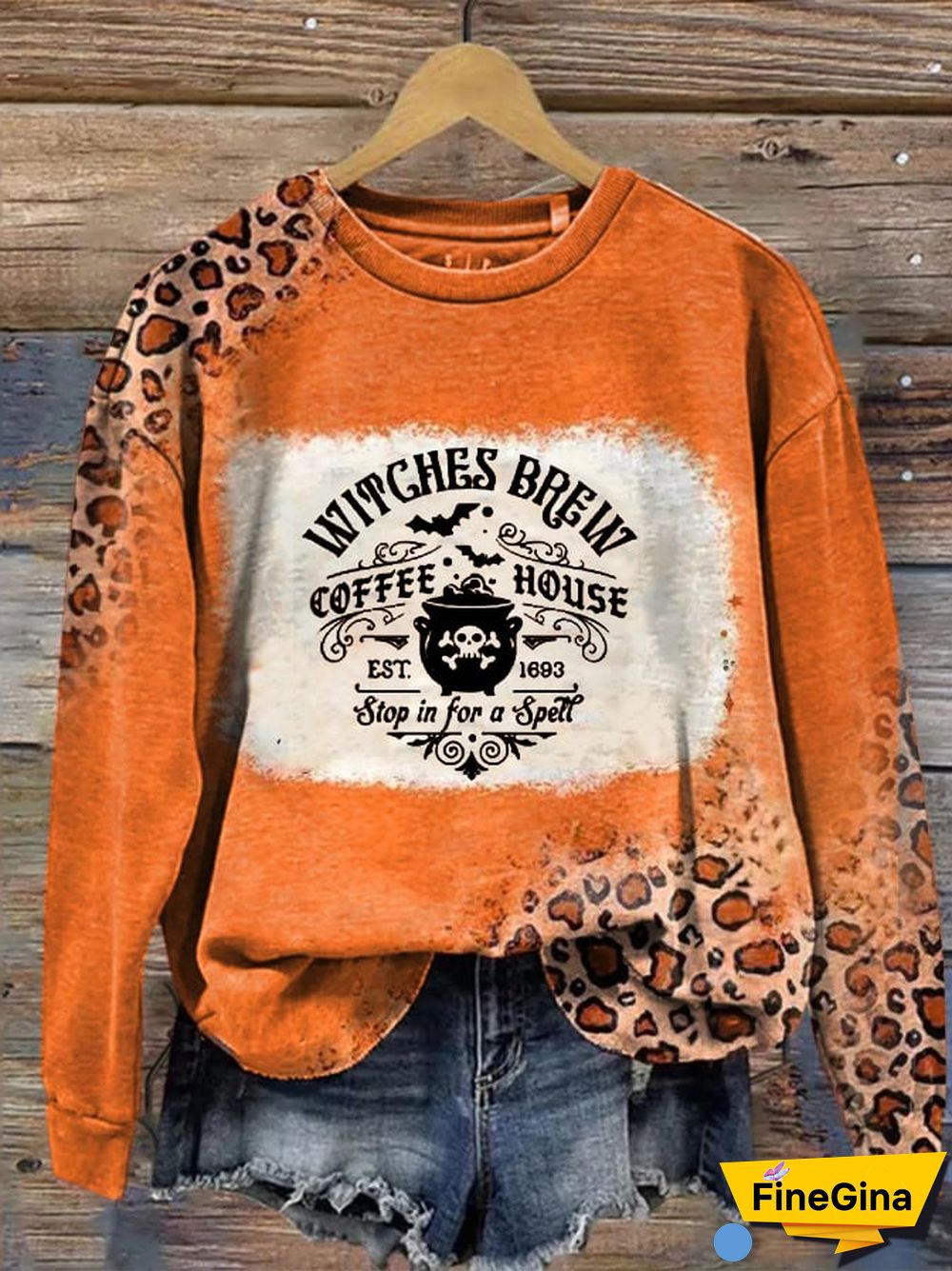 Women's Halloween Witches Brew Coffee House Round Neck Long Sleeve Sweatshirt