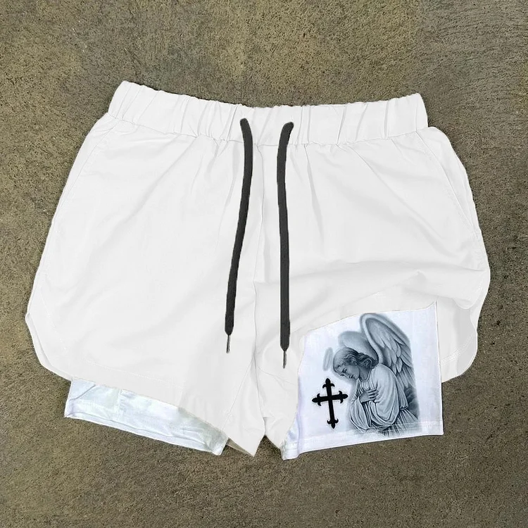 Praying Angel Print Graphic Double Layer Men's Gym Shorts