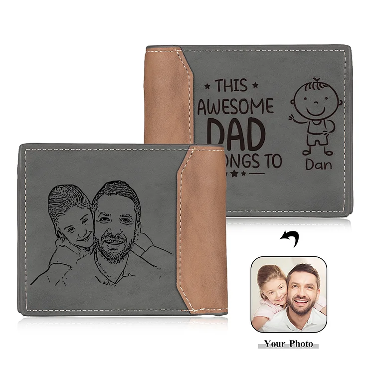 1 Name-Personalized Doll Customized Leather Men's Wallet Customized Name Folding Grey Wallet for Dad