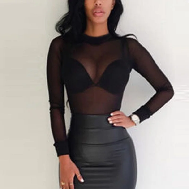 Sexy Women Shirts See Through Transparent Mesh Tops Long Sleeve Sheer Slim Ladies Turtleneck Blouses