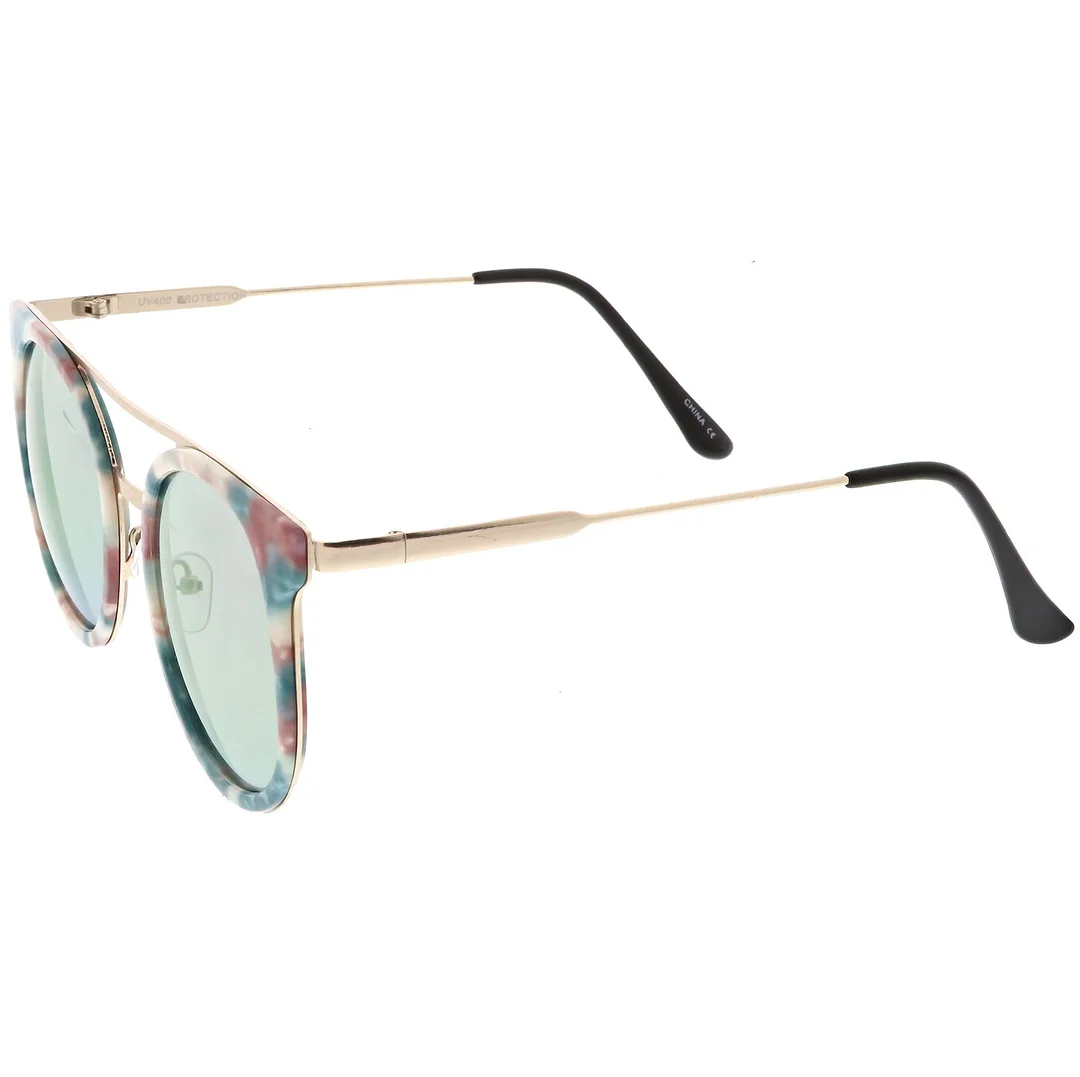 Modern Horn Rimmed glasses Sleek Double Nose Bridge Round Color Mirrored Lens 51mm