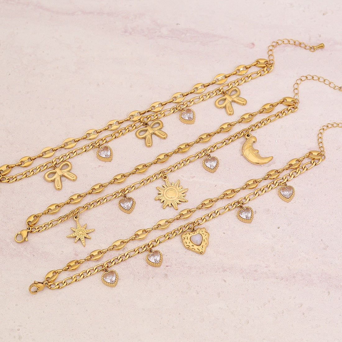 Titanium Steel Bracelet Bow Star Moon Heart Diamond Double Layer Stacking Pig Nose Bracelet Female B618