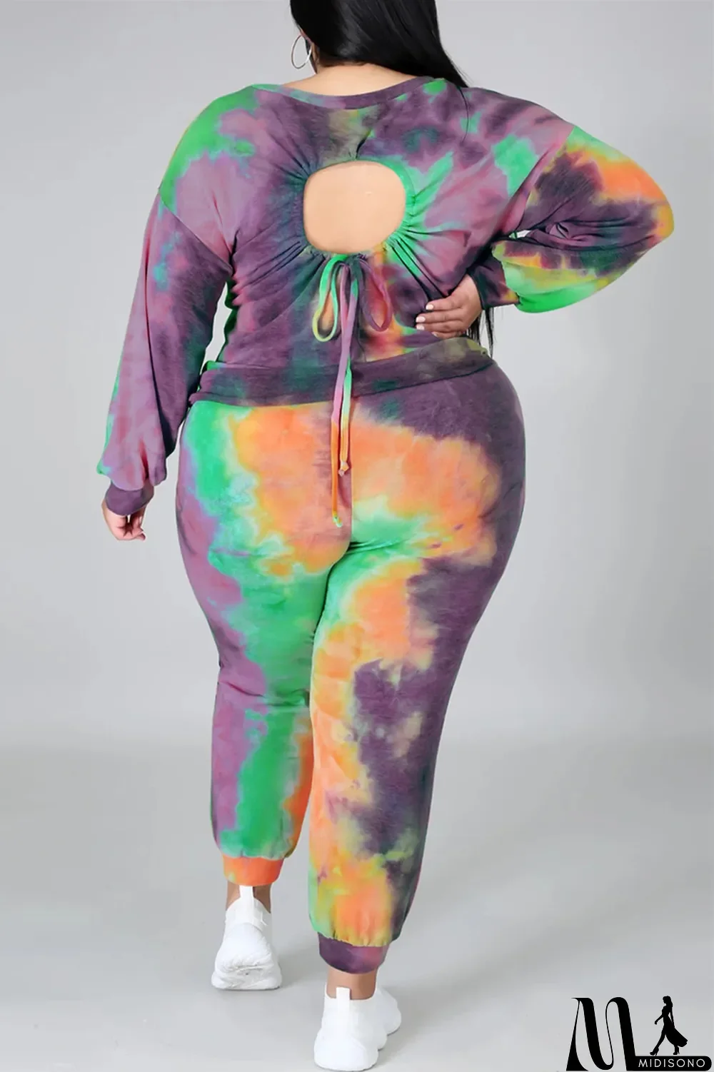 MidiSono - Multicolor Fashion Casual Print Tie Dye Backless O Neck Plus Size Two Pieces