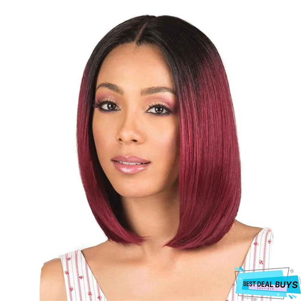 Dyeing Medium Bobo Wig Female Short Straight Hair Black Gradient Wine Red