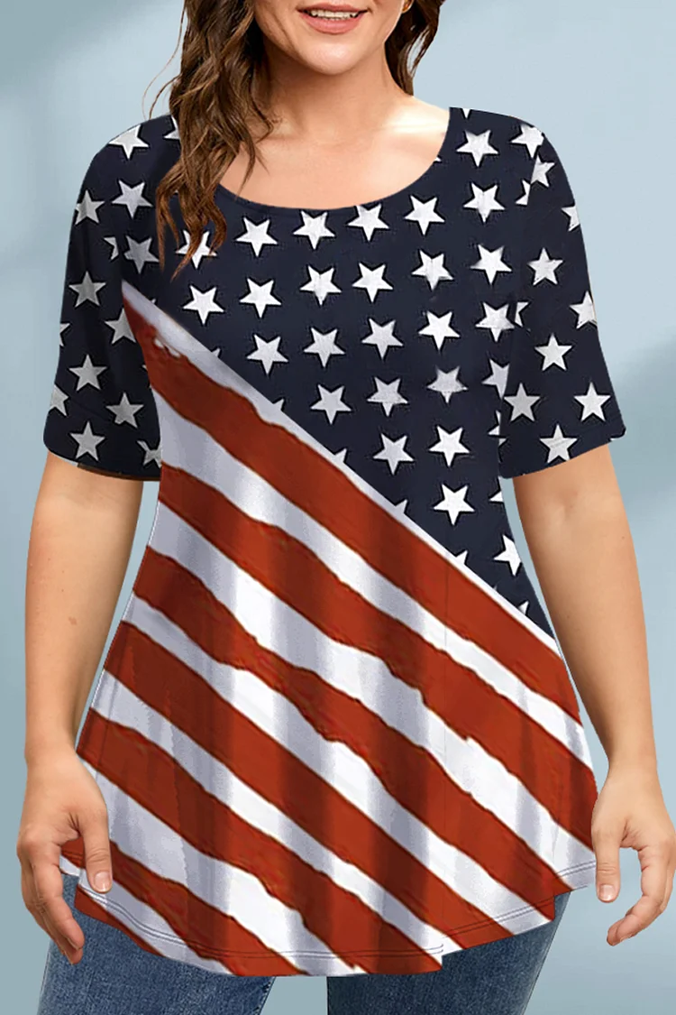Flycurvy Plus Size Casual Navy Blue Striped Flag Star Print T-Shirt  Flycurvy [product_label]