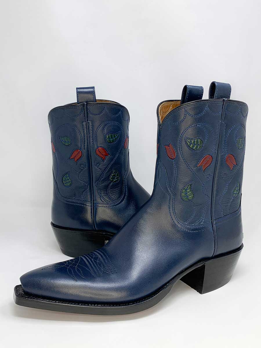 Navy Snip Toe Chunky Heel Tulips & Leaves Stitching Cowgirl Boots