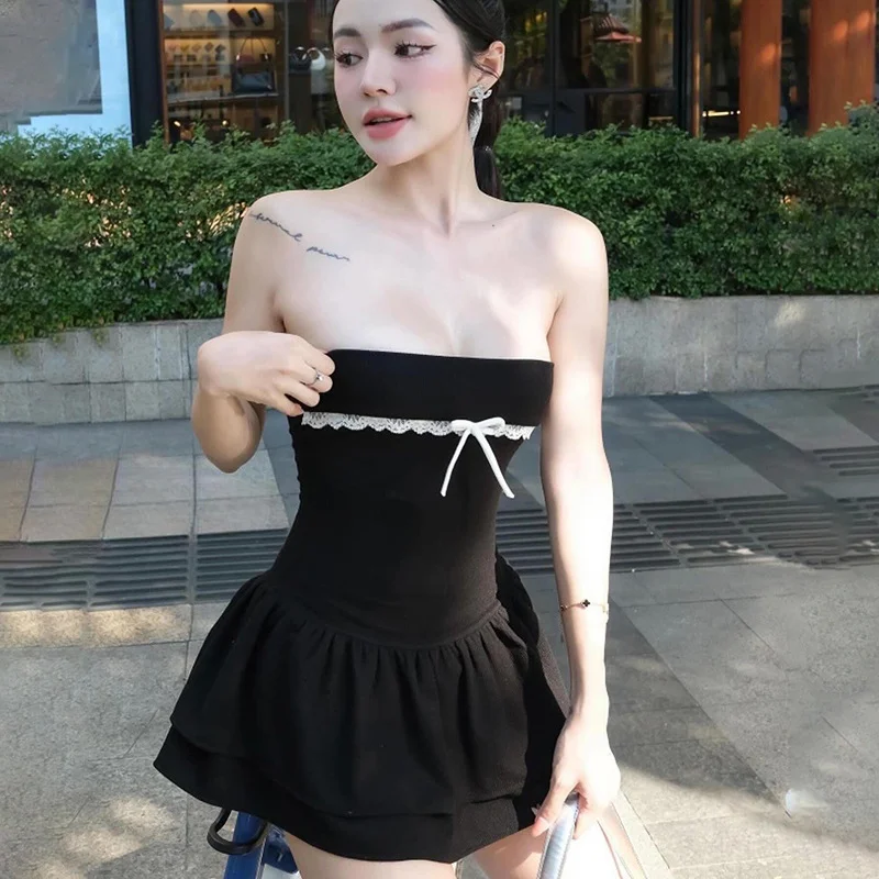 Toloer Toloer Summer New Women's Wear Color Splicing One Word Collar Wrapped Chest Flounces Slim Dress-Outfit Ideas