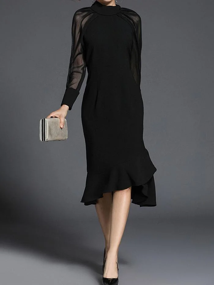 Fashion Stitching Solid Color Long-sleeved Dress
