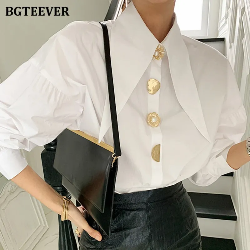 BGTEEVER Stylish Chic Lantern Sleeve Women White Shirts Blouses Spring Buttons Loose Female Shirts Tops Elegant Ladies Blusas