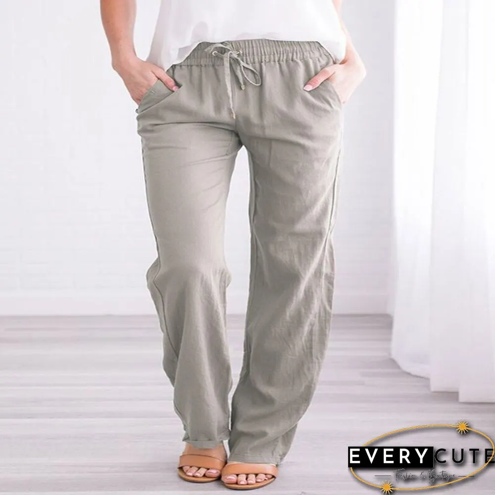 Summer Women's Cotton Linen Drawstring Loose Wide-Leg Pants Hot Sale Long Trousers With Pocket