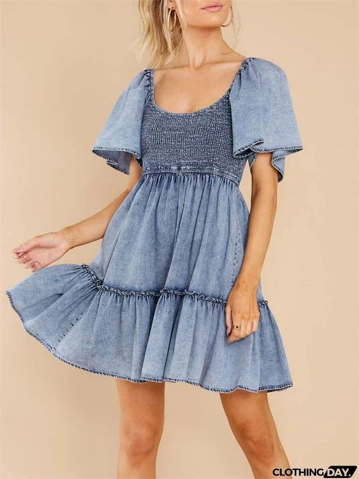 Women's Summer Blue Denim Short Sleeve Ruffled Hem Mini Dress