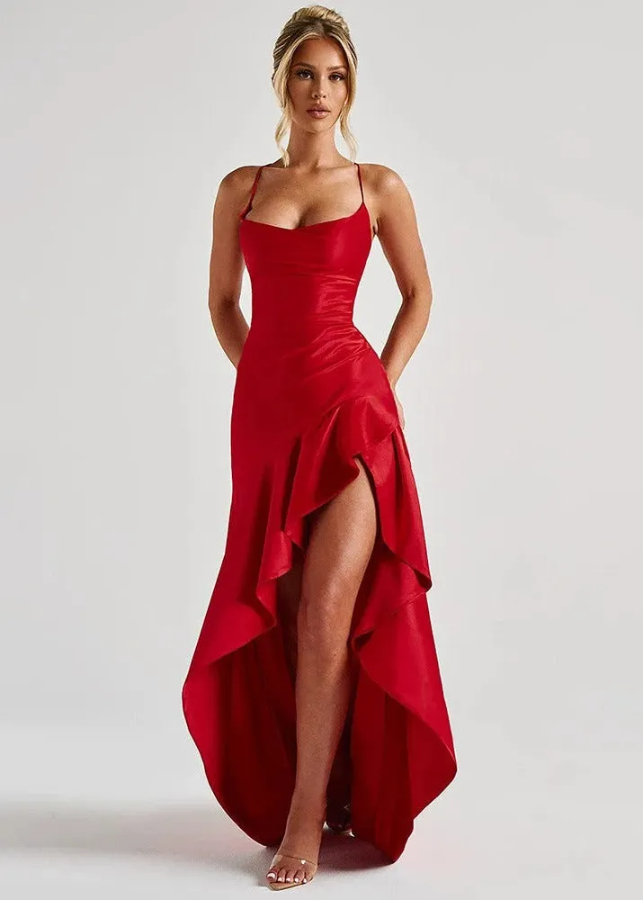 Scarlet Cascade Satin Evening Dress with High Slit