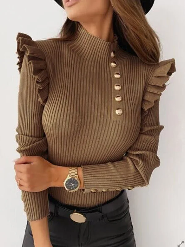 Split-Joint Falbala Buttoned Skinny Long Sleeves High-Neck Sweater Tops Pullovers