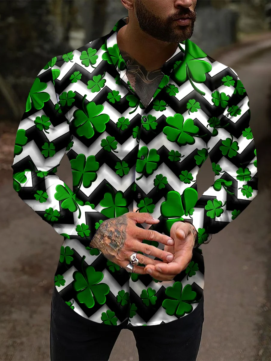 Men's St. Patrick's Day Clover Striped Printed Shirt
