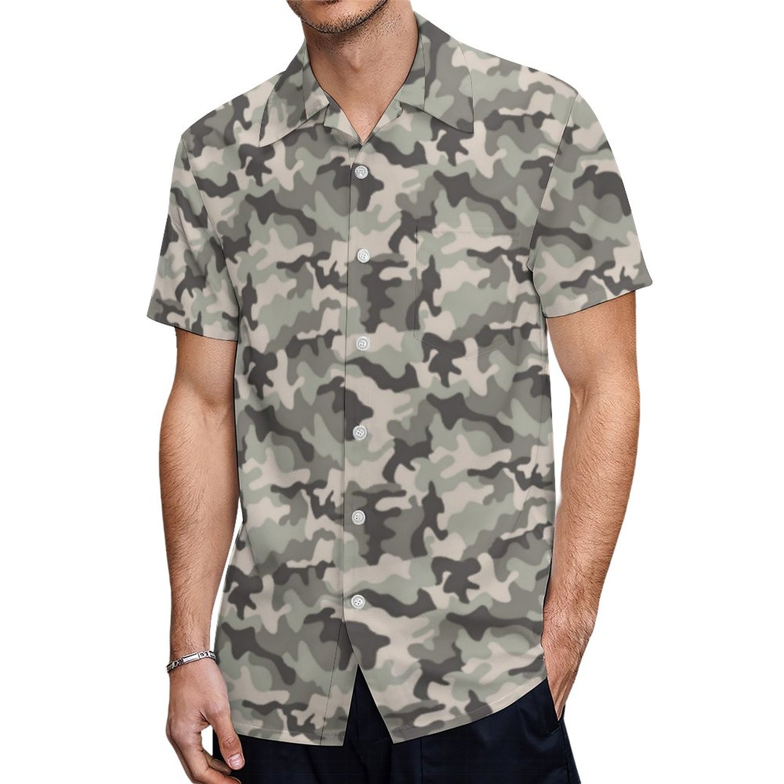 Military Grey Black Green Camouflage Hawaiian Shirt Mens Button Down Plus Size Tropical Hawaii Beach Shirts