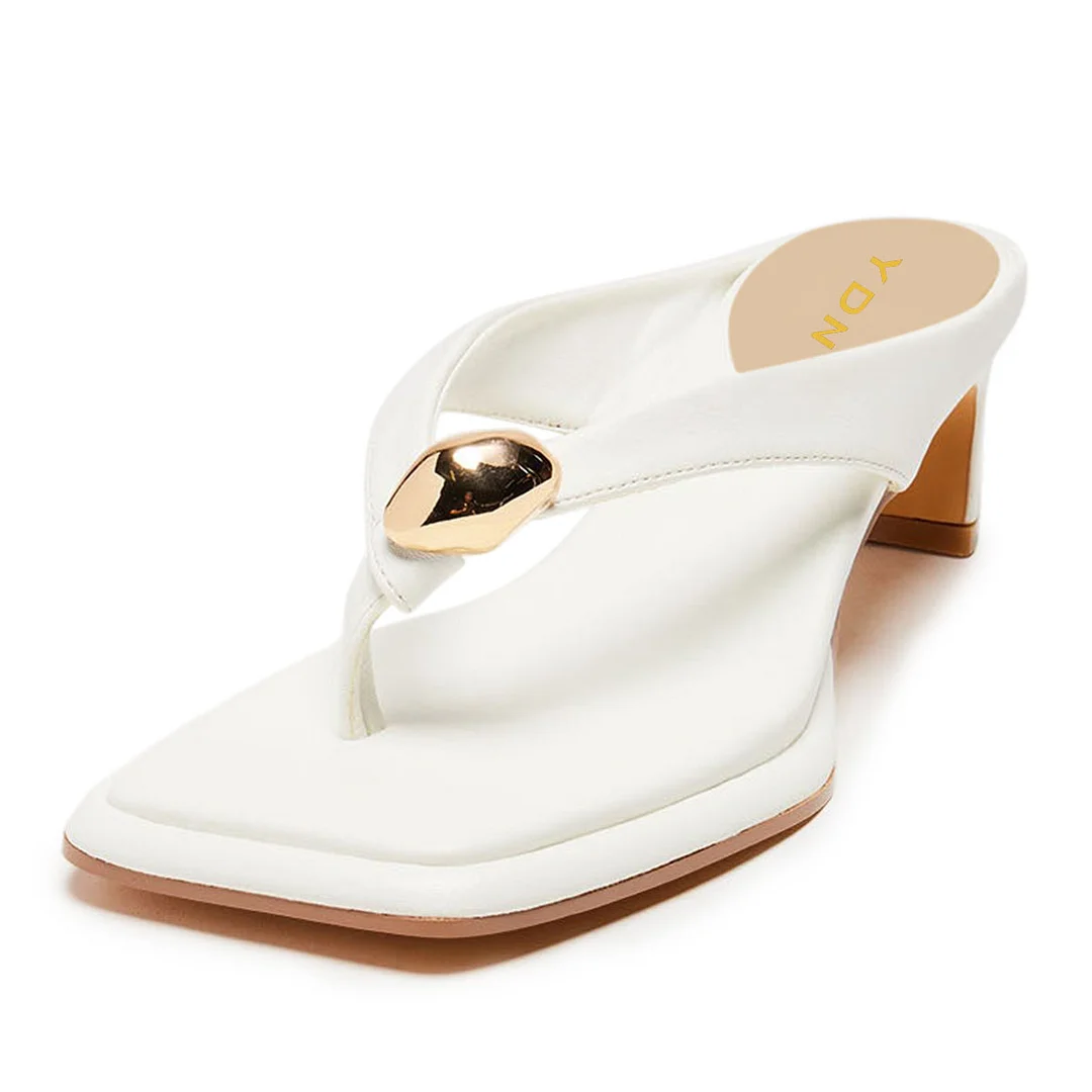 Open Square Toe Metal Decor Chunky Heel White Sandals for Women
