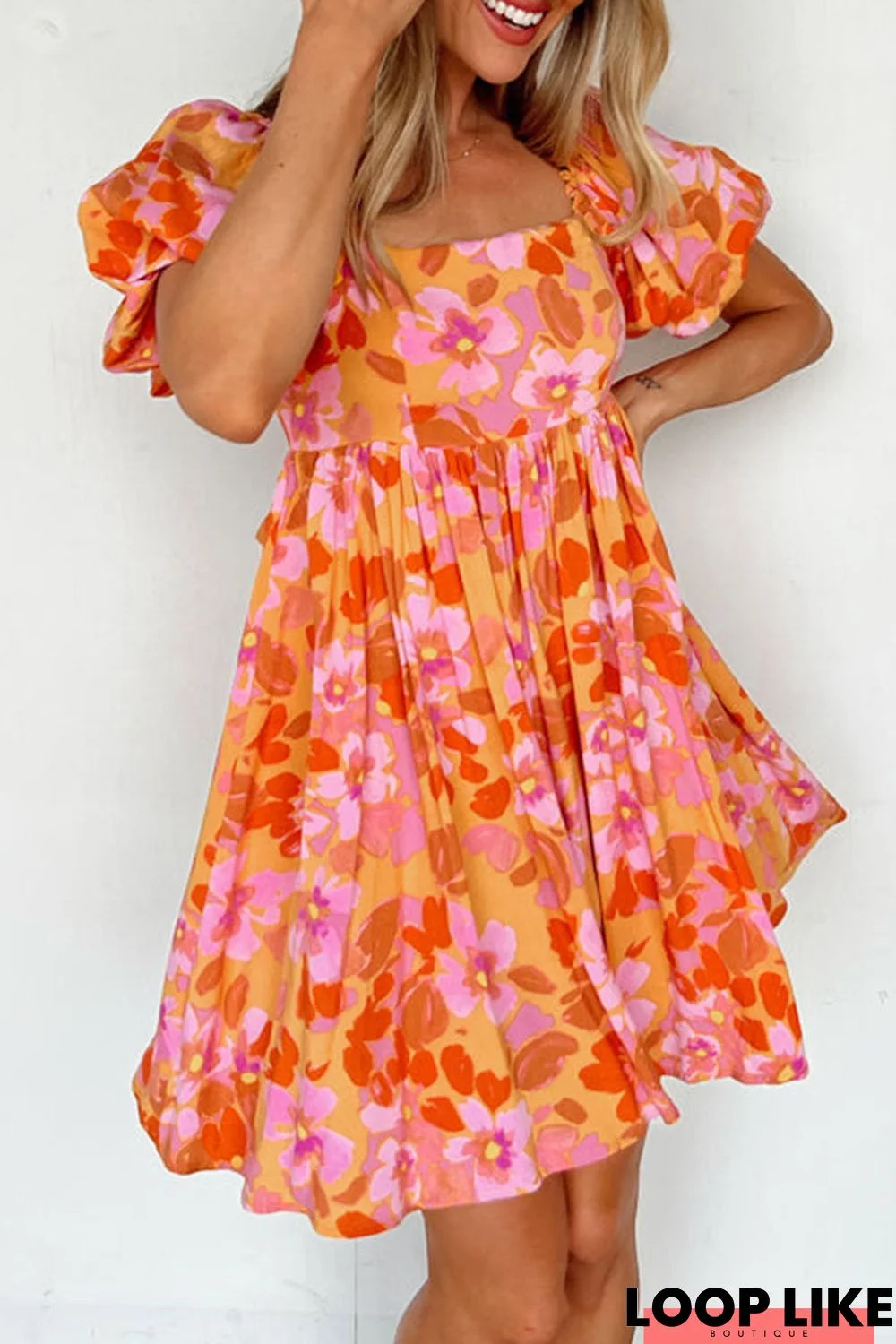 Orange Puff Sleeve Bow Knot Open Back Floral Mini Dress