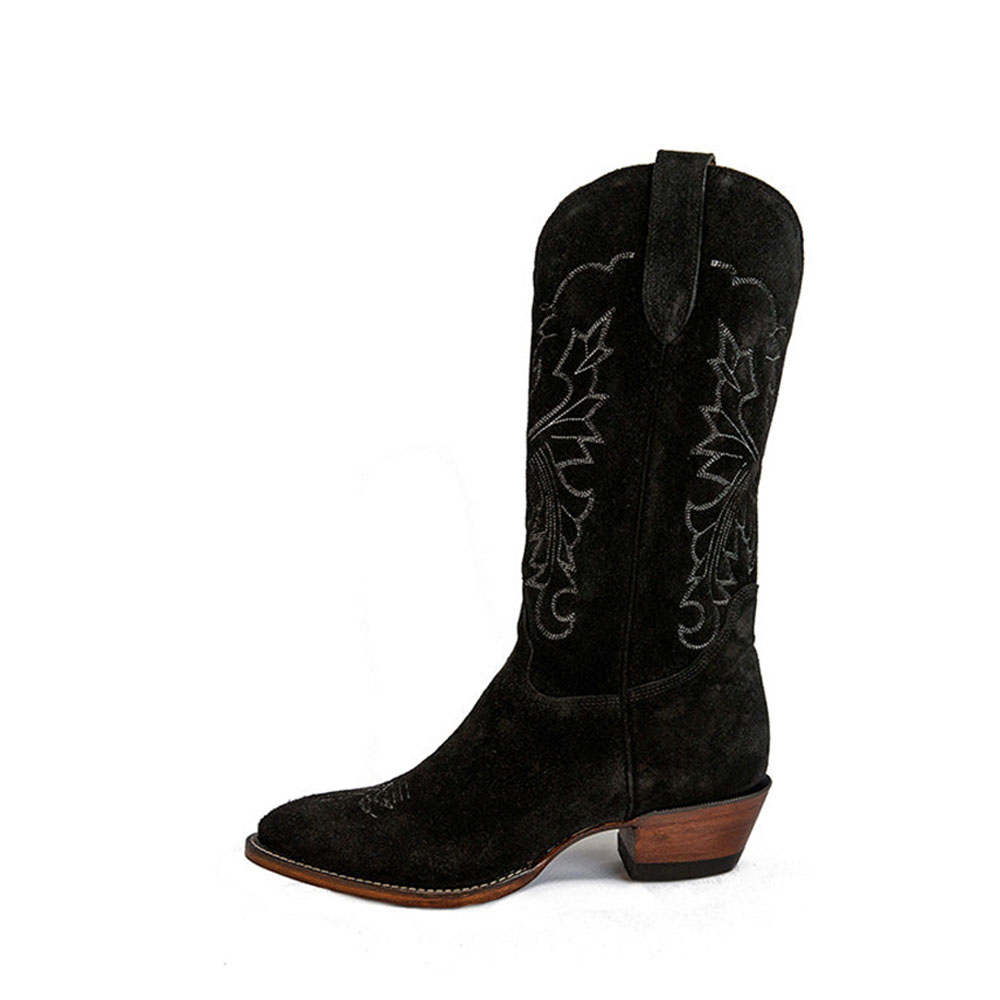 Black Vegan Suede Retro Embroidered Chunky Heel Mid-Calf Cowgirl Boots