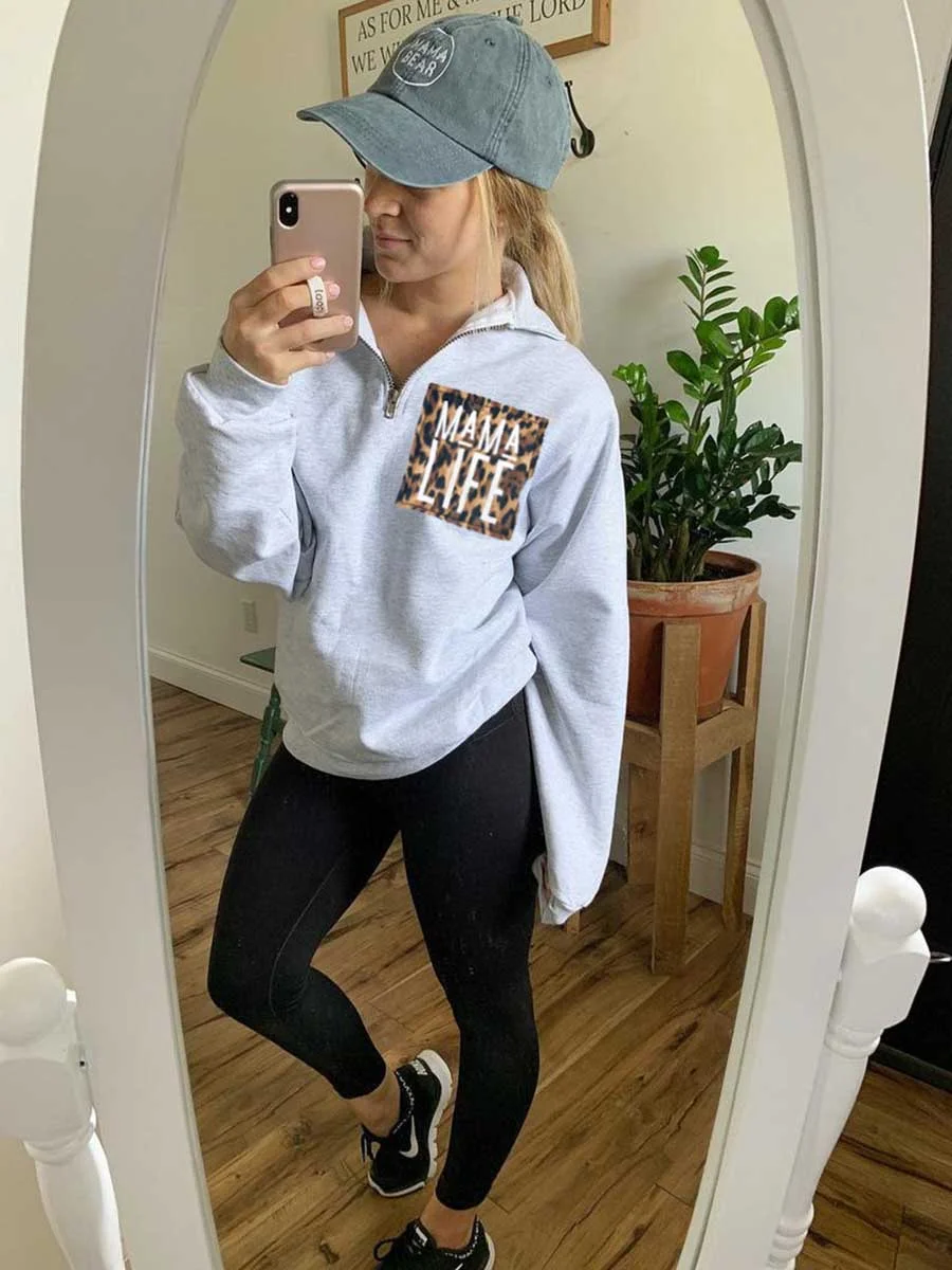 Leopard MAMA LIFE Zipper Neck Sweatshirt