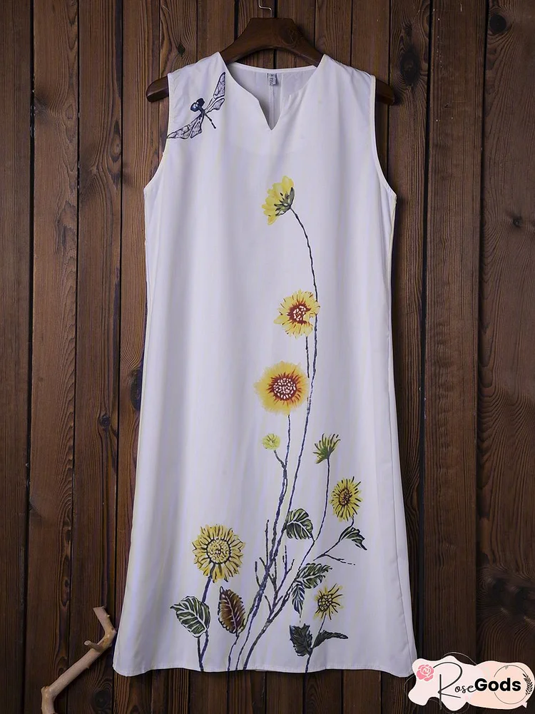 White Floral Crew Neck Sleeveless Cotton-Blend Sundress