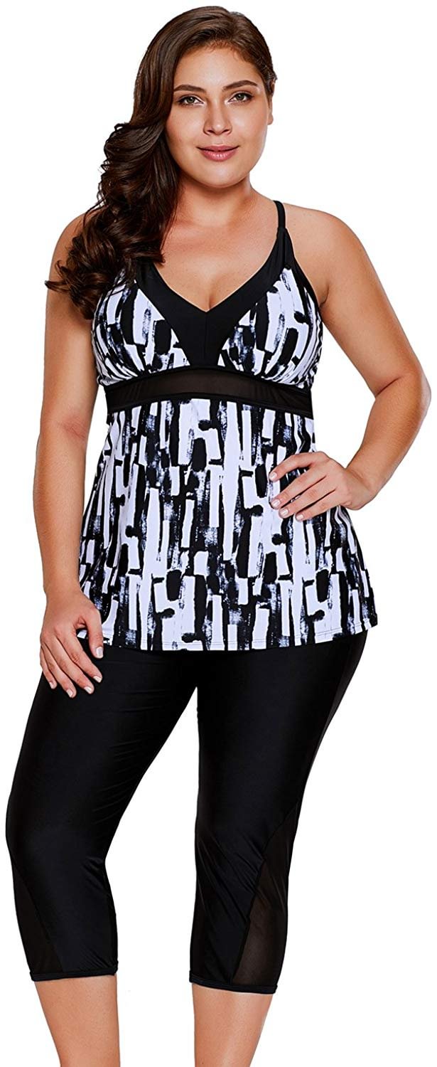 Plus Size Bathing Suits for Women Color Block Striped Tankini Swimsuits with Boyshorts Swimwear S-XXXXL