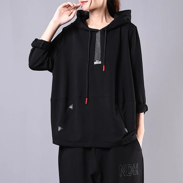 Women hooded drawstring cotton clothes For Women Sleeve black blouse