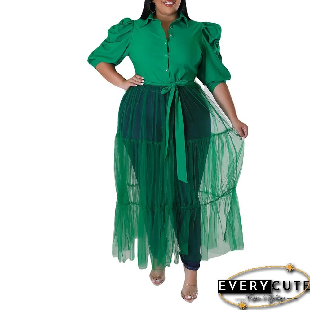 Green Short Puff Sleece Spliced Mesh Plus Size Shirt Dress