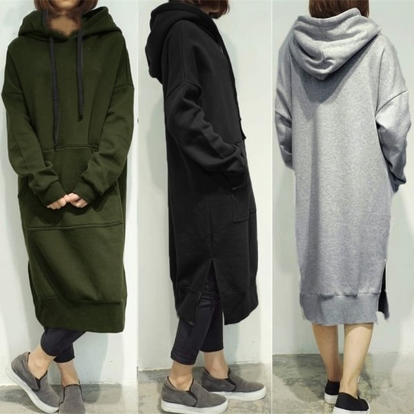 Women Plus Size Spring Autumn Casual Long Pullover Fleece Hooded Sweatshirt Dress L-5Xl - BlackFridayBuys