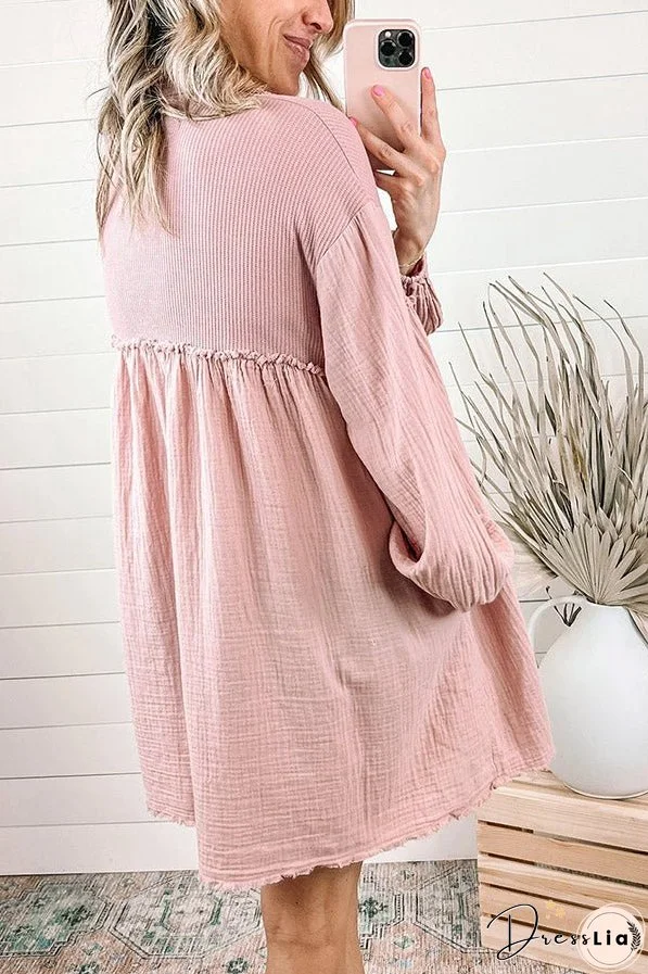 Patchwork Crinkled Puff Sleeve Raw Hem Dress