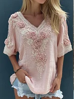 Women's Floral Embroidery Lace Linen V-neck T-shirt