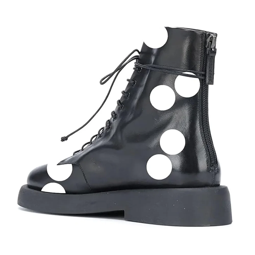 Round Toe Polka Dot Vegan Leather Back-Zip Lace-Up Flat Ankle Boots