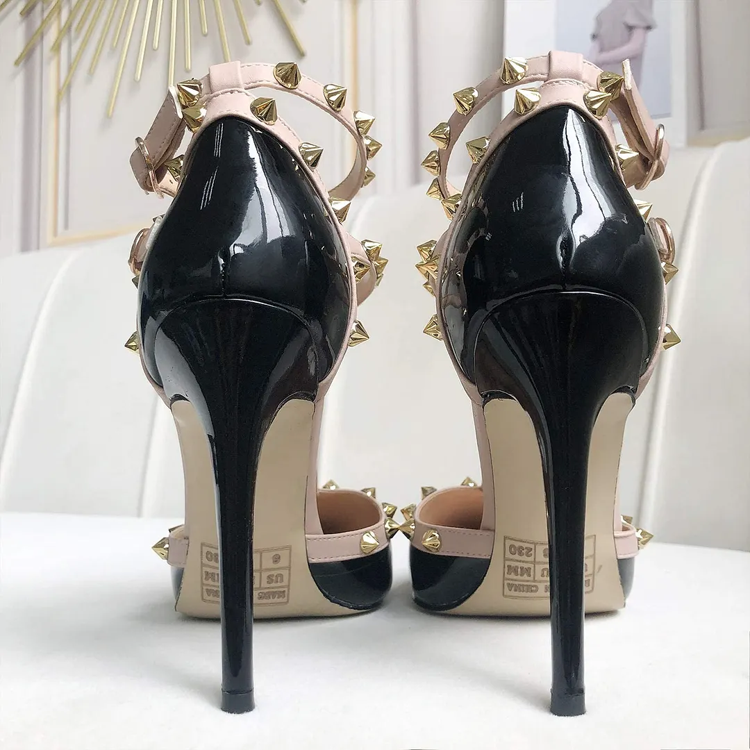 100mm Women's Pointed Toe Heels Studded Double Ankle Strap Sandals-vocosishoes