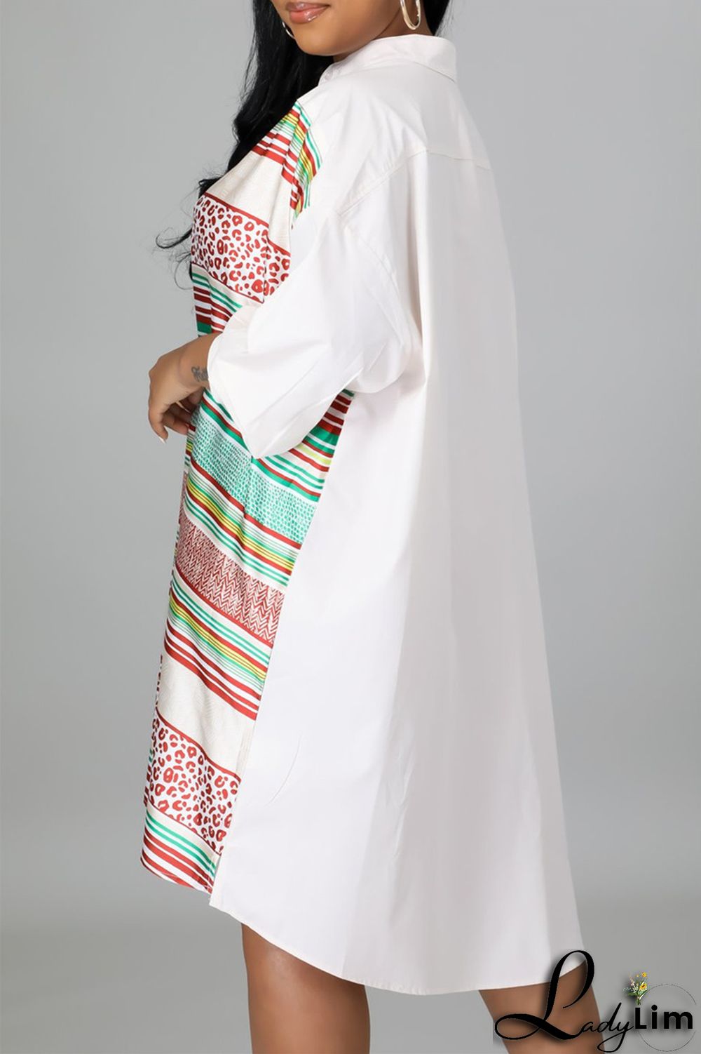 Blue Fashion Casual Striped Print Patchwork Shirt Collar Shirt Dress