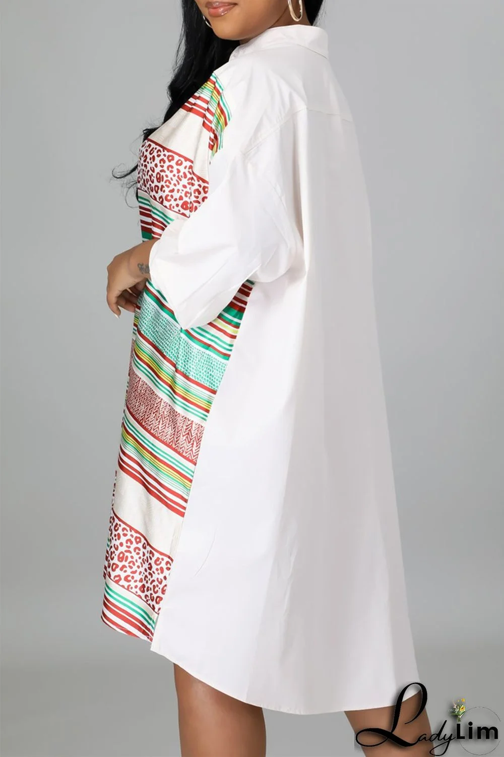 Blue Fashion Casual Striped Print Patchwork Shirt Collar Shirt Dress