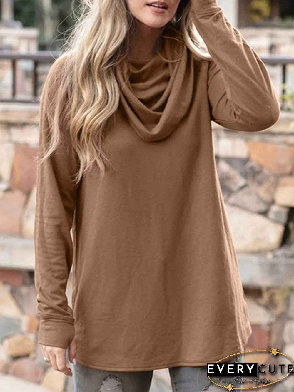 Women Plus Size Cowl Neck Vintage Long Sleeve Casual Tops