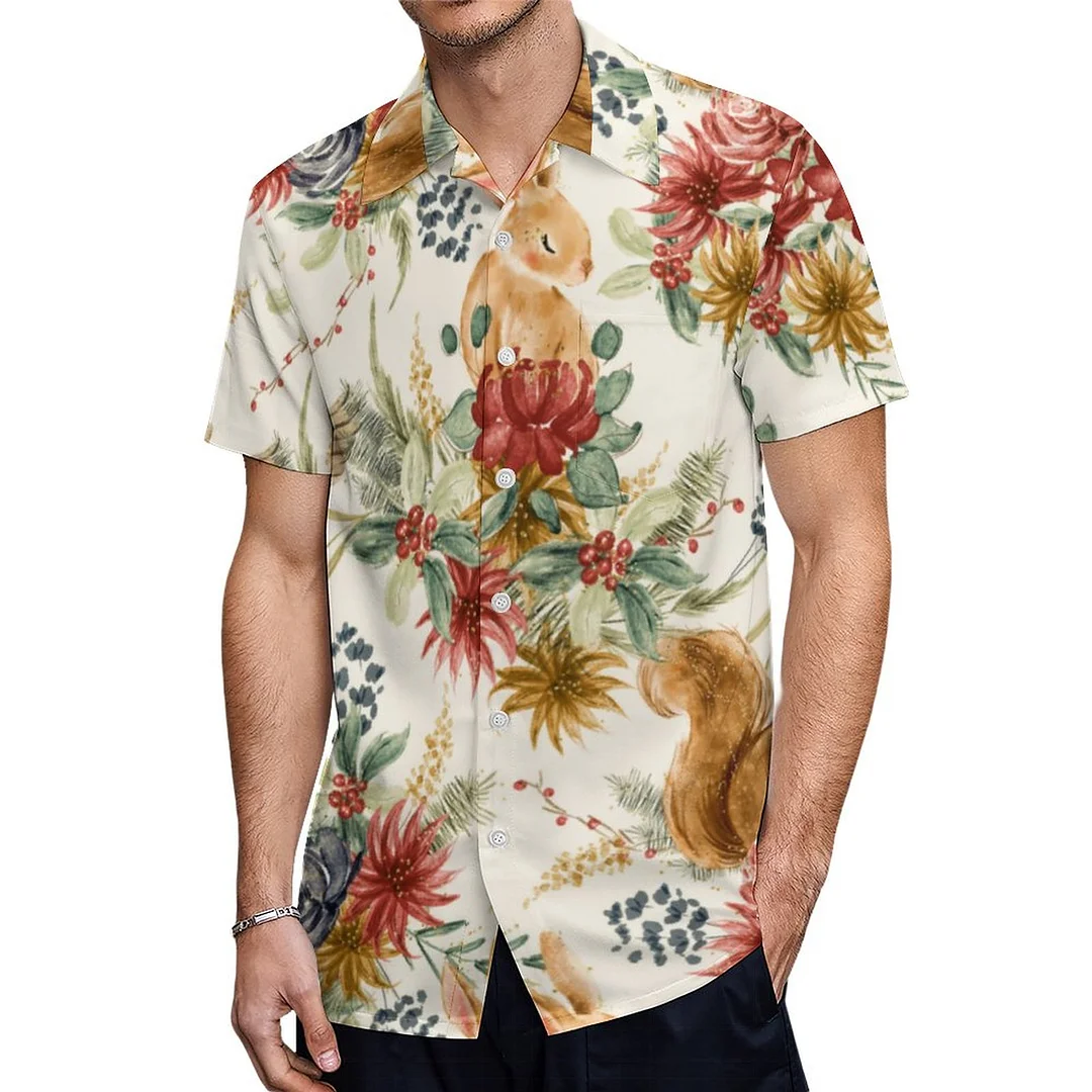 Short Sleeve Watercolor Woodland Animals Hawaiian Shirt Mens Button Down Plus Size Tropical Hawaii Beach Shirts