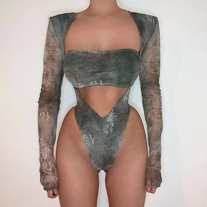 BIIKPIIK Long Sleeve Bodysuit Printing O-Neck Stretchy Autumn Women Elegant Bodycon One-Piece Outfits Sexy Sportwear Body Tops