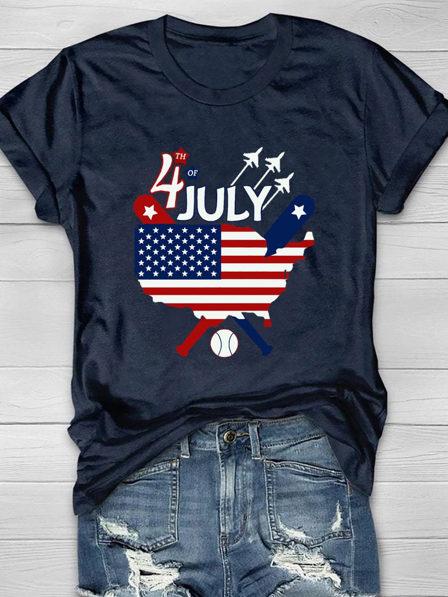 4th Of July Baseball Design Print Short Sleeve T-Shirt