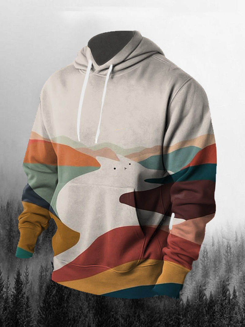 Men's Abstract Kitten Colorful Mountain Print Hoodie