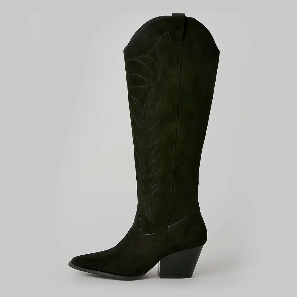 Olive Embroidered Mid Calf Vegan Suede Cowboy Boots for Women