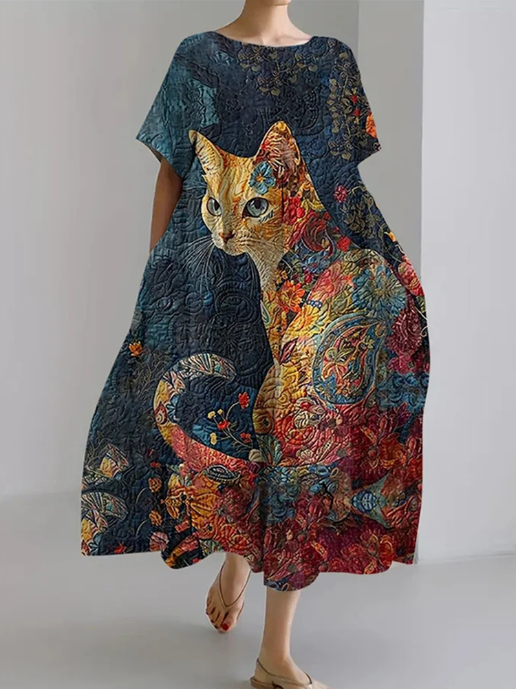 Comstylish Women's Animal Cat Art Print Casual Loose Midi Dress