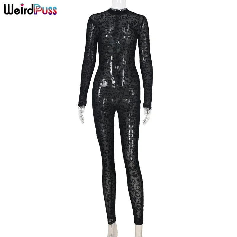 Weird Puss Sexy Mesh Women Skinny Leopard Print Jumpsuits Long Sleeve Fitness Activewear Fashion Club Party Streetwear Outfits