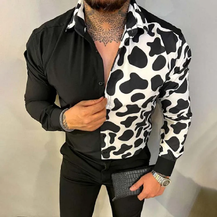 Trendy Paneled Cow Pattern Long Sleeve Shirt